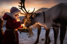 AI generative images. Happy kids feeding reindeers at Christmas eve