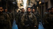 A platoon of Israeli soldiers awaiting orders, standing in a row, ready and armed.