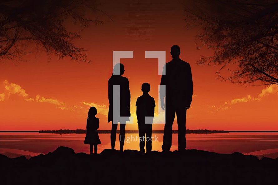 Silhouette of Family with Sunset Background