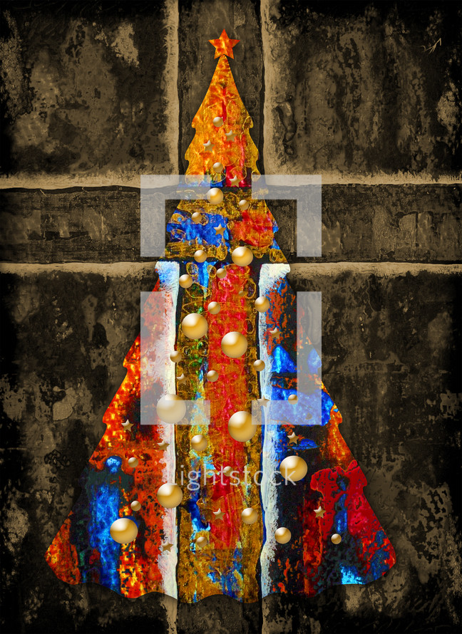 TWO TREES layered effect, cross painting with colorful Christmas tree 