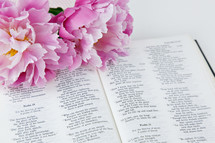 pink flowers on the pages of a Bible