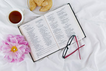 reading glasses, croissant, cup, tea, pink flowers, pages, open Bible, spring, summer, Psalms 