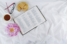 reading glasses, croissant, cup, tea, pink flowers, pages, open Bible, spring, summer, Psalms 