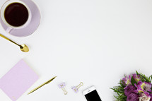 coffee cup, journal, gold pen, purple flowers, iPhone, clips, desk, workspace, border, home office, spring, summer 