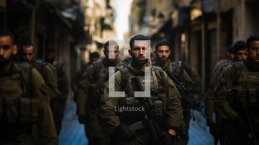 A platoon of Israeli soldiers awaiting orders, standing in a row, ready and armed.