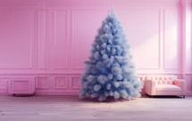 AI Generated Image. Blue fluffy Christmas tree in a pink interior