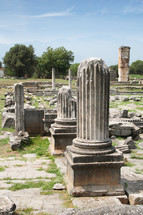 Corinthian column looking across Agora to Basilica B. Remains from historic Philippi that would have been visited by the Apostle Paul, Silas, Lydia and early Christians from Acts 16. These remains are near the Agora of Philippi.