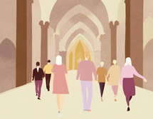 Paper art of a group of people walking into a bright church with arches
