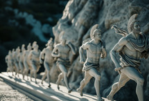 AI Generated Image. Ancient Olympic statues running as athletes