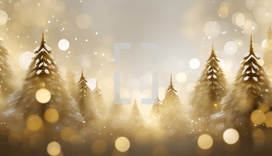 Painterly pine trees on a creamy background with golden bokeh and golden shimmer with space for text