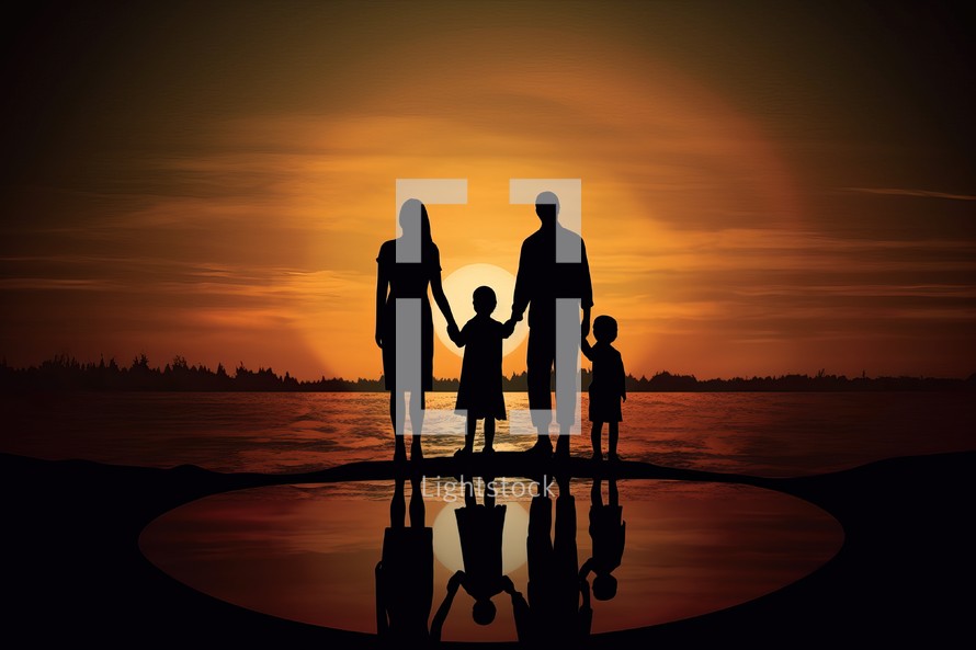 Silhouette of Family with Sunset Background