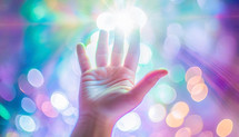 hand reaching upward with colorful bokeh and lens flare 