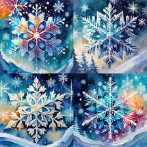 whimsical snowflake design repeat pattern in blue, turquoise, white with accents of orange and red