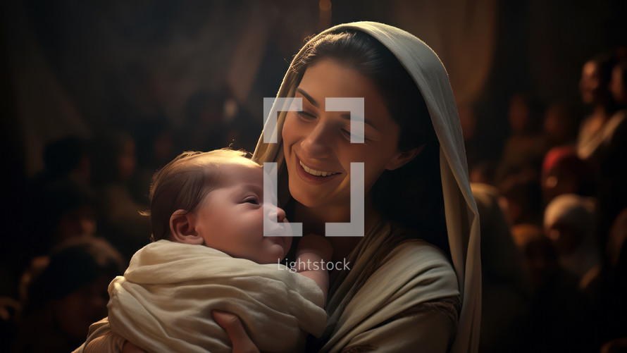 The mother holding her baby close to her. Christian family conceptHappy Middle Eastern woman holding her newborn child. Nativity story