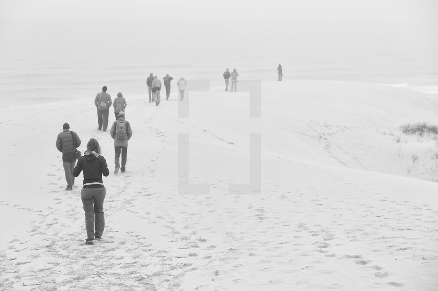 people walking on a beach in the fog 