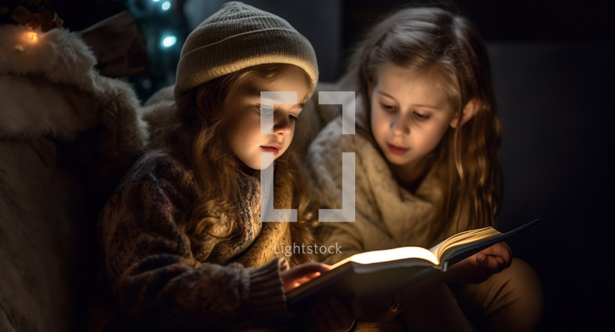 Young girls reading the bible with a golden light illuminating her face at night on a winters evening