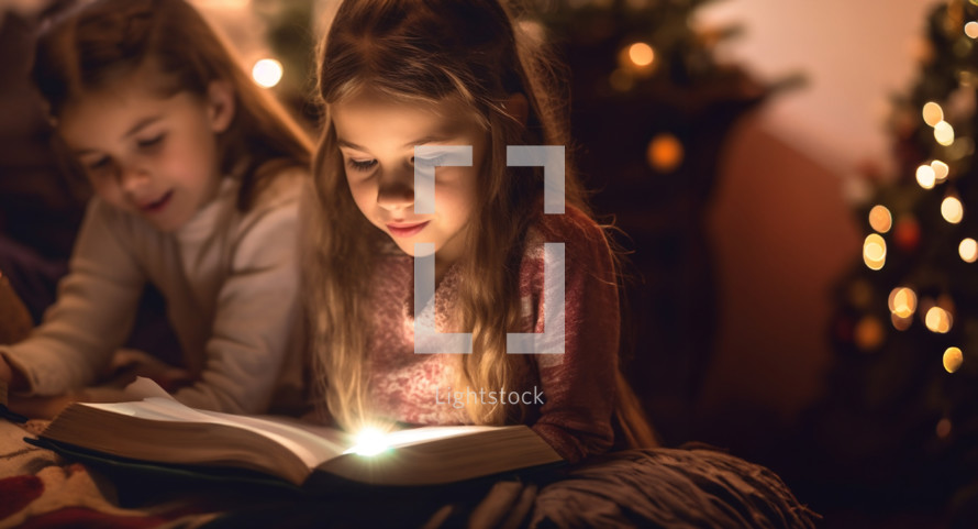 Young girls reading the bible with a golden light illuminating her face