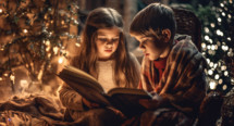 Children reading the bible before bed on a cold winters evening