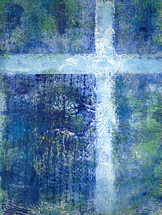 light blue cross with darker blue and green background - textured art surface