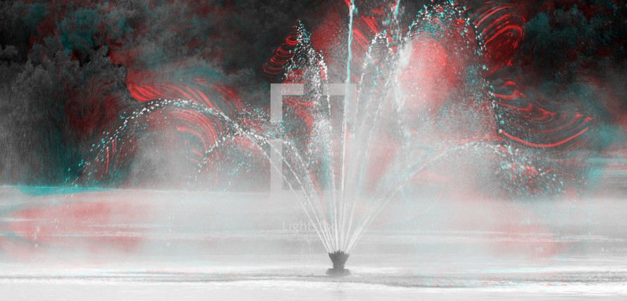 fountain in black and white with wavy glitch effect in red and cyan