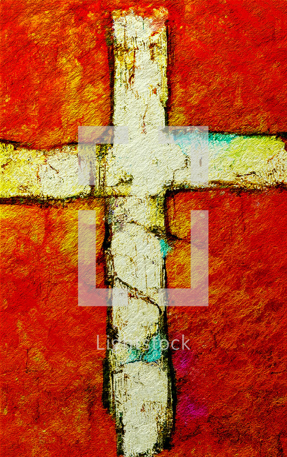 rough light cross on red textural painting