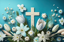 Cross with Spring Flowers Banner Background