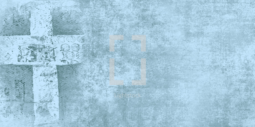 rough cross on muted blue background with copy space available for worship song lyrics, scripture, titles or other text