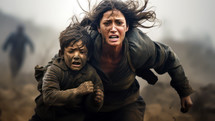 Mother with her child desperately running away from war. Middle East crisis