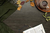 fall leaves on a green scarf and open Bible 