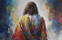 A painting of a bright and colorful Jesus walking in the light