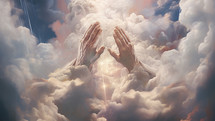 Hands praying in the celestial sky