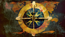 weathered and worn compass on a world map in mixed media art style