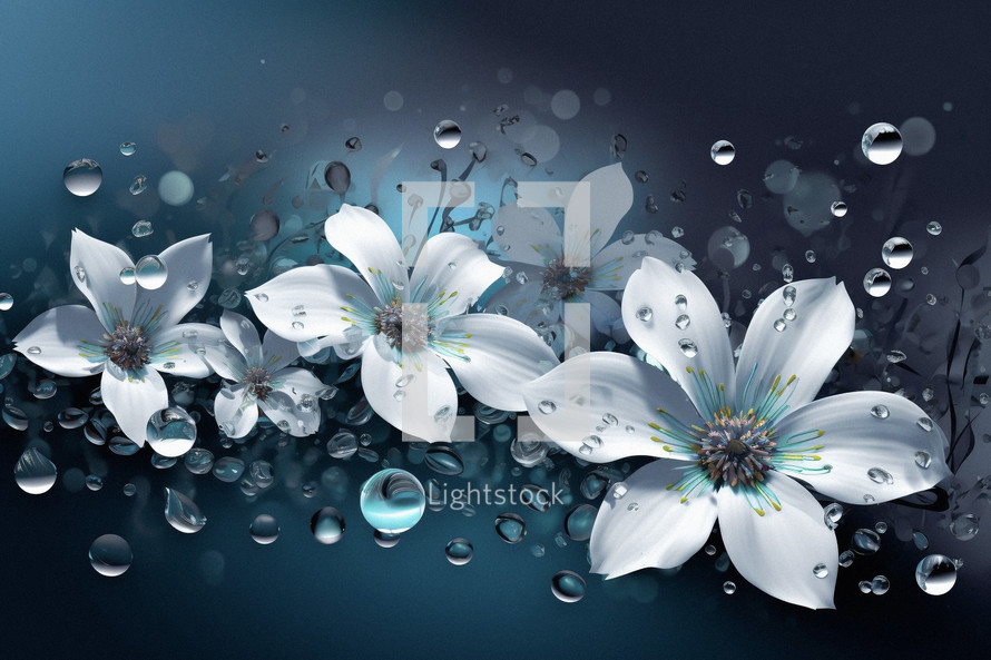 Beautiful white Lily flowers with blue backgrounds and rain droplets