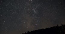 Milky Way And Clouds Moving Over Mountain On A Starry Night. low angle, time lapse