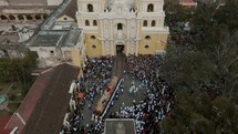 Traditional Easter Sunday Processions In The City Of Antigua, Guatemala. Aerial Wide Shot	