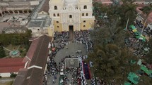 People Gathered During Semana Santa Celebration In Antigua, Guatemala - aerial shot	