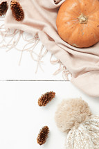 pine cones, scarf, and pumpkin on a white background 
