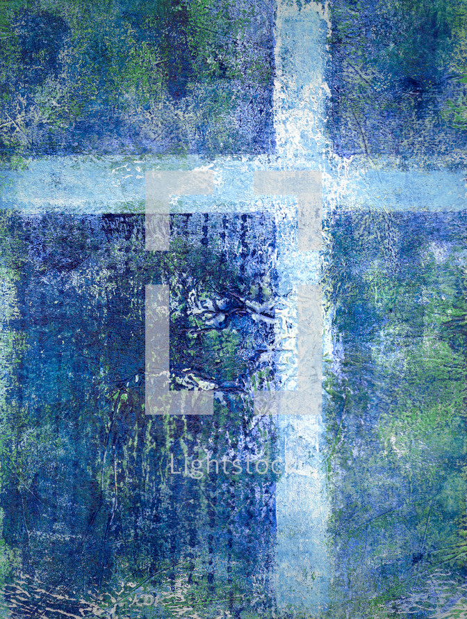 light blue cross with darker blue and green background - textured art surface