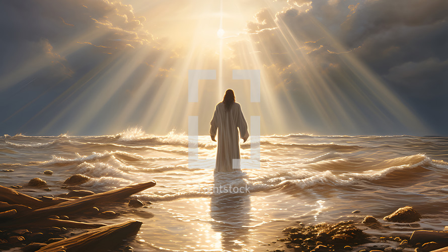 Sun rays on Jesus standing in water