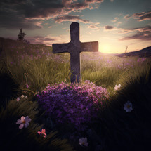 Stone cross surrounded by a field with purple flowers at sunrise. Christian illustration