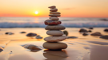 Stacked tower of stones at sunset on the beach sand. 