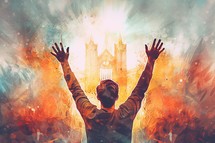 Digital Illustration of A Man Raising His Hand in Front of A Church