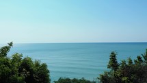 Blue Sky Over Calm Seascape In Balchik. Black Sea In Dobrich Province, Bulgaria. wide aerial drone