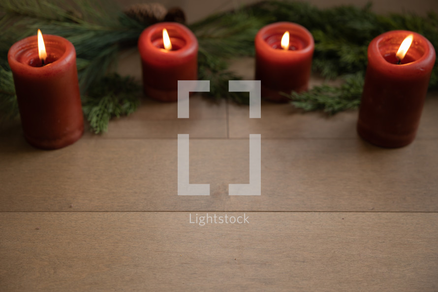 red christmas candles, focus on foreground
