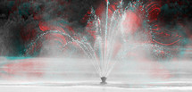 fountain in black and white with wavy glitch effect in red and cyan