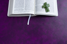 open Bible and palm cross on a purple background 