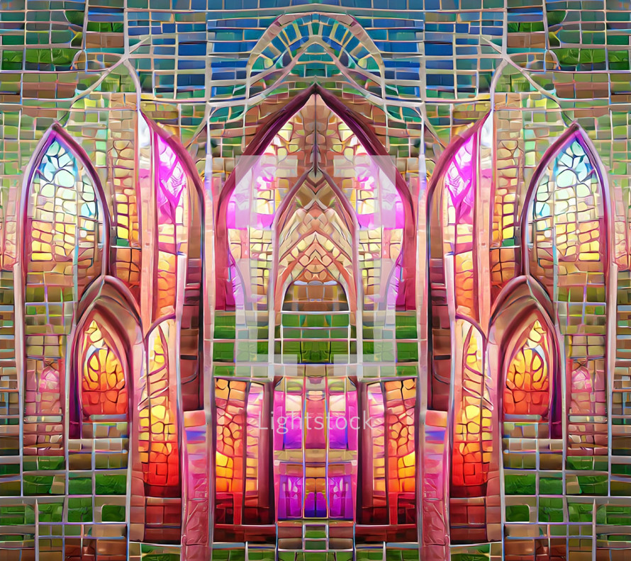 abstract wall of glowing stained glass windows in gothic arches 