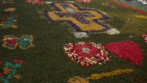 Carpet (Alfombra) Of Flowers And Pine Needles Decorates The Street Of Antigua During Semana Santa In Guatemala. closeup