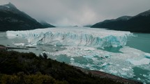 Cloudy Day Over Perito Moreno Glacier Massive Ice Field In Argentina, Patagonia. Aerial Shot	