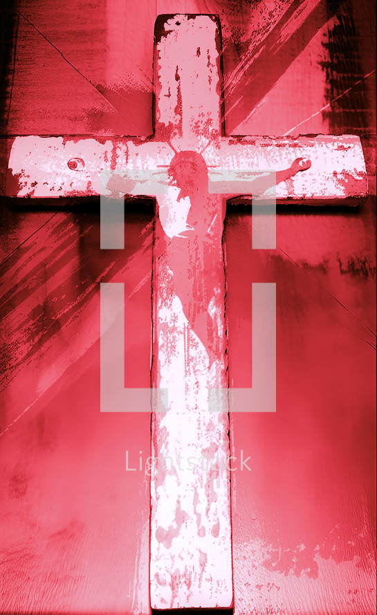 red crucifix artwork with streaks and splashes